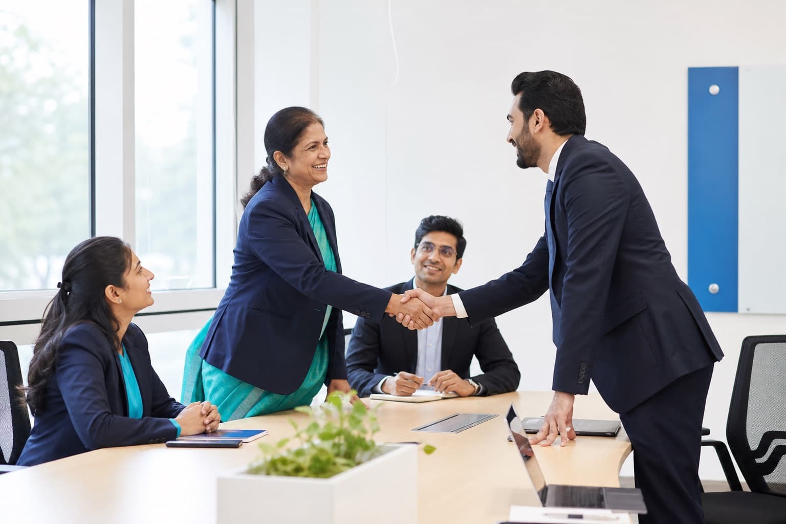 A college placement officer shaking hands with an industry partner in a meeting room