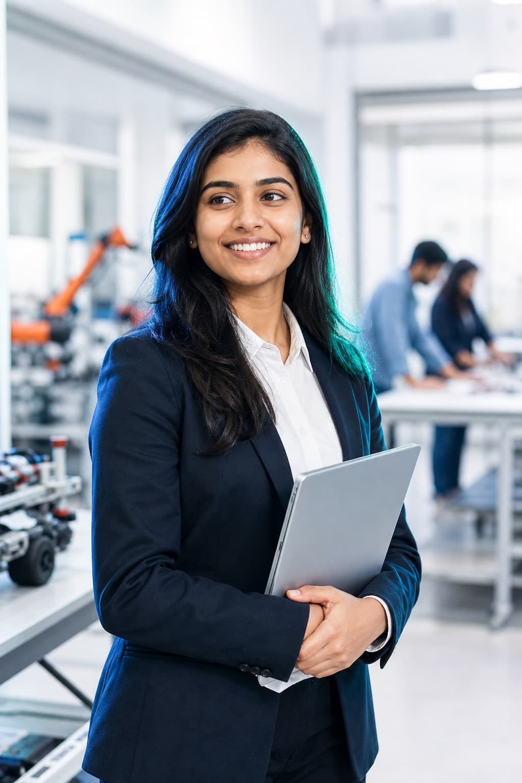 An engineering graduate holding a laptop in a university innovation lab