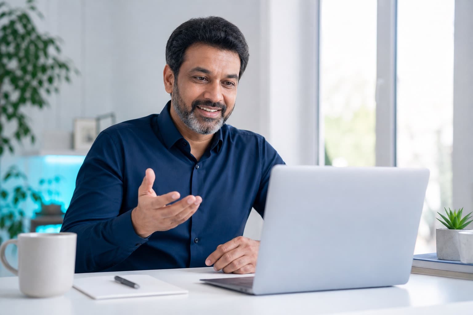 An experienced professional mentoring a student over a video call from a bright home office