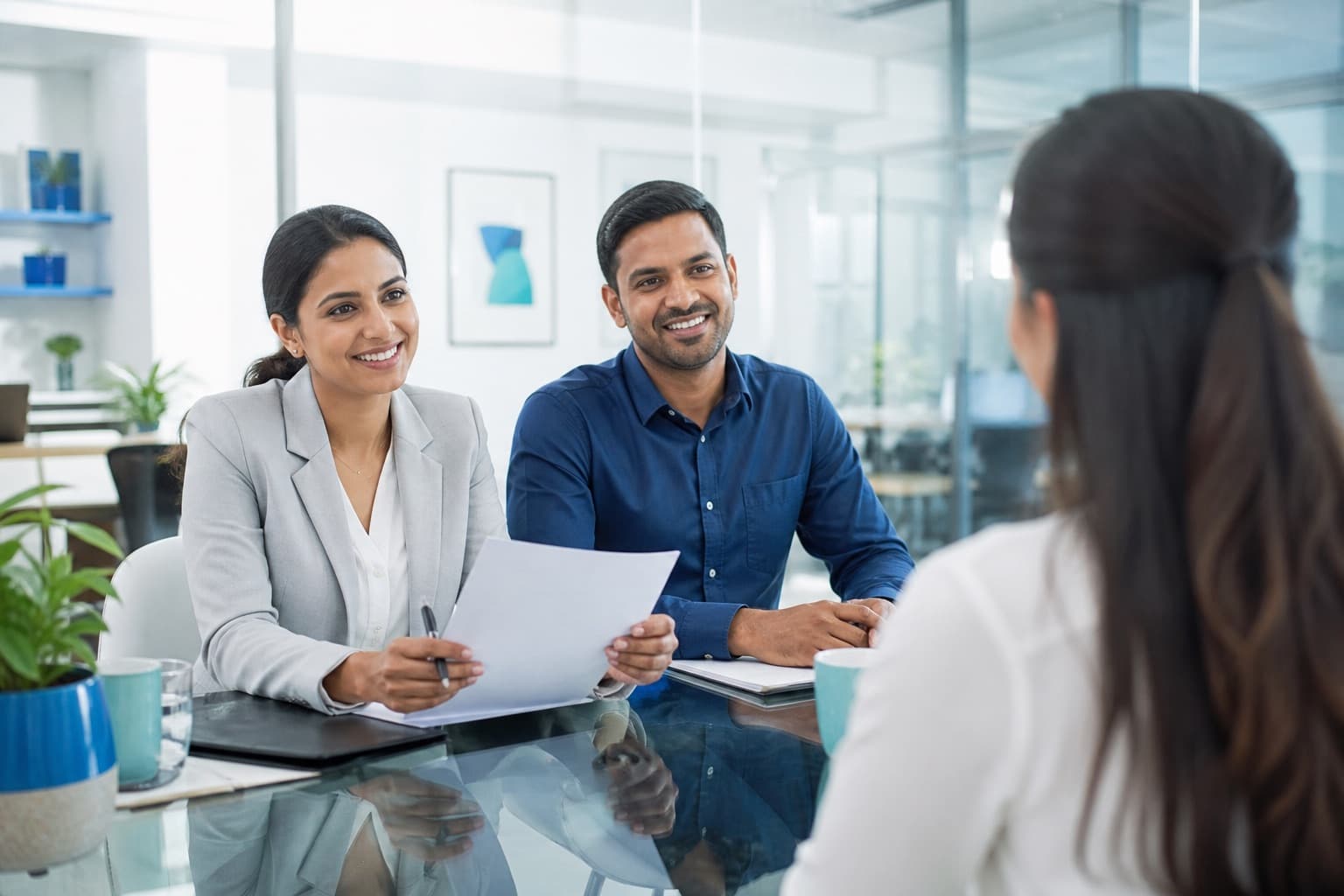 Two recruiters reviewing a candidate resume across a bright glass meeting table